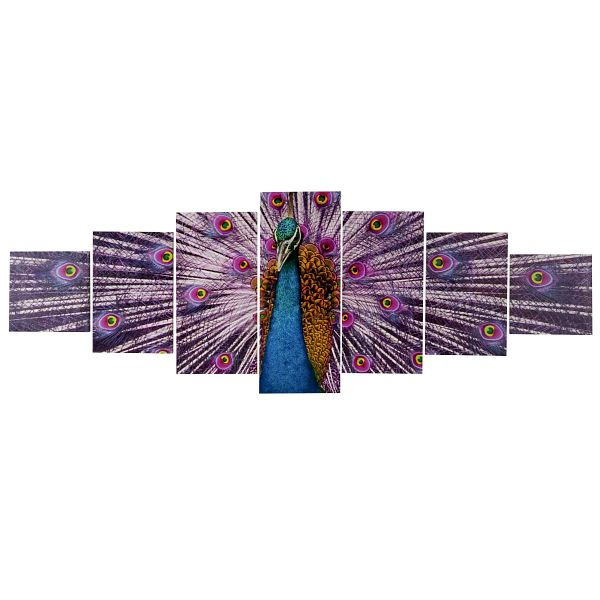 Tableau sur toile Mendler T375 XL, impression d'art sur châssis mural, 7 pièces 245x87cm, paon, 39161