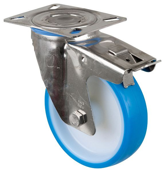 Rouleau de transport en inox avec frein, L40 mm, Ø150 mm, jusqu'à 200 kg, polyuréthane bleu, corps en plastique, palier lisse, plateau, H120.B32.150
