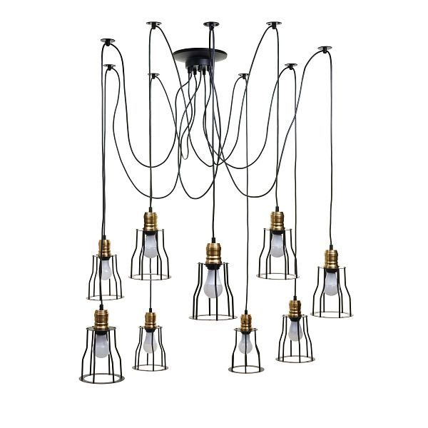 Suspension Mendler HWC-H81, lampe suspendue, métal industriel réglable en hauteur noir, abat-jour cage 9x, 74192