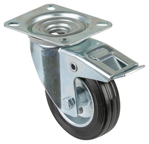Rouleau de transport BS rollers avec frein, largeur 30 mm, Ø100 mm, jusqu'à 100 kg, caoutchouc noir, roulement à rouleaux, plaque, lot de 2, L420.B58.100