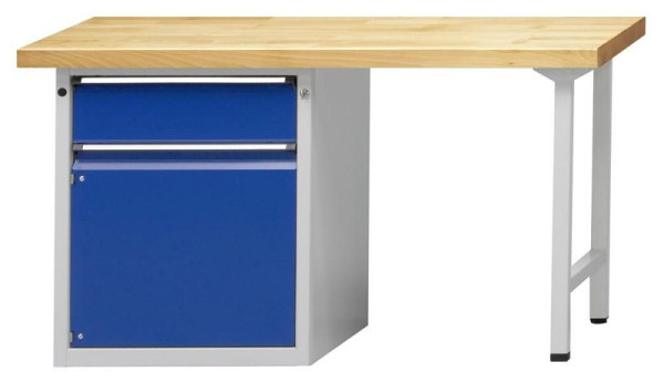 Établi combiné ANKE; 1500x700 mm; RAL 7035/5010; Armoire de socle gauche 660x615 mm, 1 tiroir 180 mm; 1 porte 540 mm