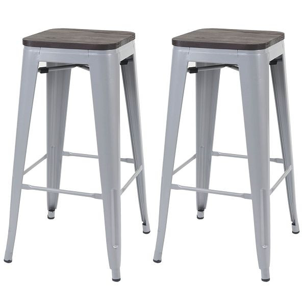 Ensemble de 2 tabourets de bar Mendler HWC-A73 avec siège en bois, tabouret de bar, design industriel en métal, empilable, gris, 70394