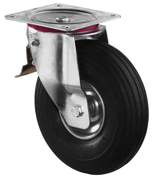 Rouleau de transport BS rollers avec frein, largeur 85 mm, Ø260 mm, jusqu'à 200 kg, roue pneumatique en caoutchouc noir, corps de roue jante en acier, roulement à rouleaux, L420.C90.260