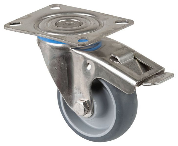 Rouleau de transport en inox avec frein, W30 mm, Ø80 mm, jusqu'à 60 kg, pneus thermoplastiques gris, palier lisse, plateau, H120.B43.080