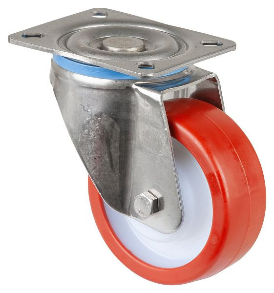 Rouleaux BS rouleau robuste en acier inoxydable, largeur 40 mm, Ø100 mm, jusqu'à 300 kg, bande de roulement en polyuréthane rouge, corps en plastique, roulement à rouleaux en acier inoxydable, HS100.B28.100