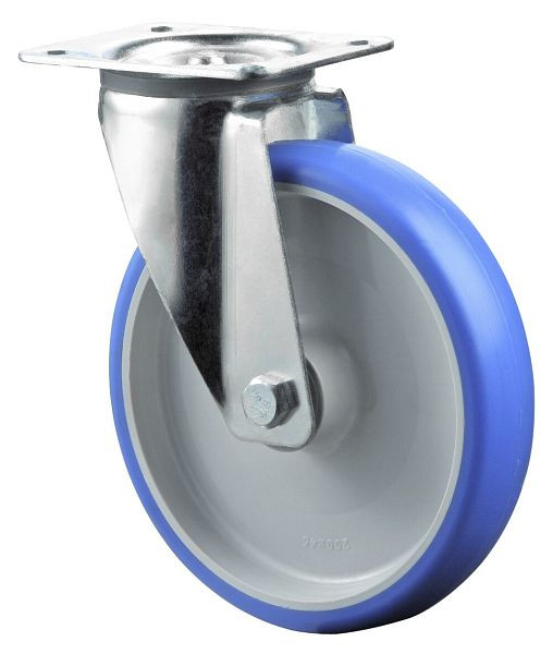 Rouleau de transport BS rollers, largeur 32 mm, Ø125 mm, jusqu'à 150 kg, bande de roulement polyuréthane bleu, corps de roue plastique, roulement à rouleaux, platine, L400.B36.125
