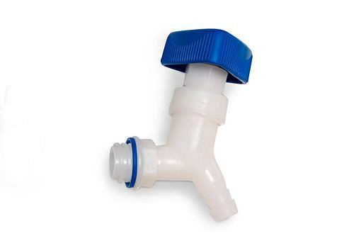 Vanne d'équerre DENIOS avec filetage large 22 mm, coudée, avec raccord de buse 13 mm (1/2), pack : 5 pièces, 308395
