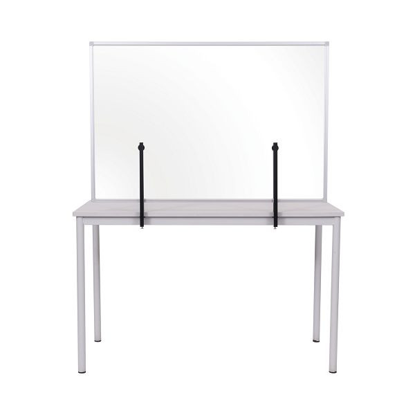 Cloison Bi-Office, pare-éclaboussures, panneau en verre avec clips métalliques à fixer à la table, avec cadre en aluminium argenté, 120x90cm, GL08019101