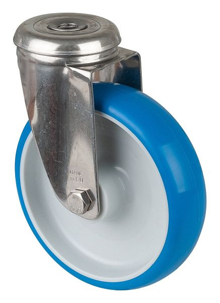Rouleau de transport en acier inoxydable BS rollers, largeur 39 mm, Ø125 mm, jusqu'à 130 kg, bande de roulement polyuréthane bleu, corps de roue en plastique, palier lisse, H101.B32.125