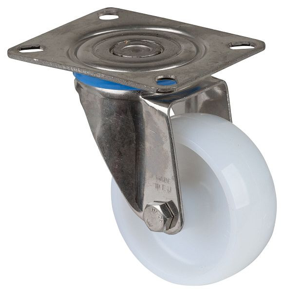 Rouleau de transport BS rollers en acier inoxydable, largeur de roue 30 mm, roue Ø 80 mm, capacité de charge 100 kg, bande de roulement/corps de roue en plastique, palier lisse, plaque, H100.A90.080