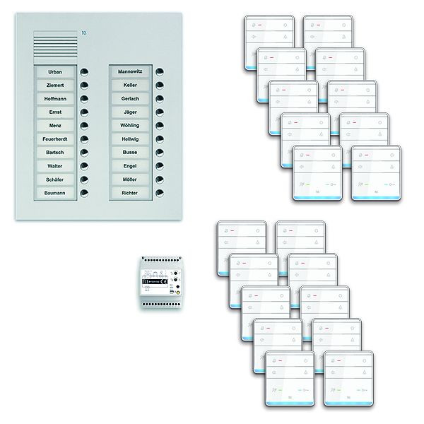 Système de commande de porte audio TCS : pack UP pour 20 unités résidentielles, poste extérieur PUK 20 boutons de sonnerie 2 colonnes, 20x haut-parleur mains libres ISW5010, commande, PPUF20 / 2-EN / 01