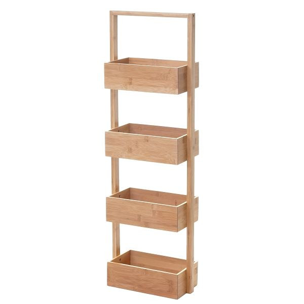 Étagère Mendler HWC-B78, étagère sur pied, étagère de salle de bain, étagère de rangement, étagère de salon avec 4 paniers, bambou 88x28x15cm, 60726