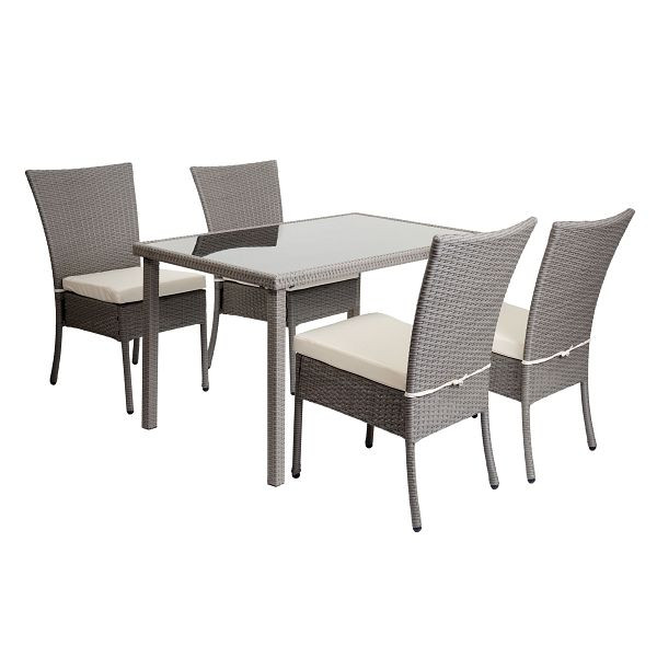 Ensemble en polyrotin Mendler HWC-G19, ensemble de balcon/salon de groupe de sièges, 4xchaise+table, 120x75cm, gris, crème de coussin, 2x97139+97137