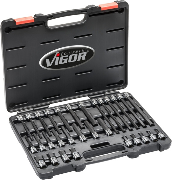VIGOR jeu d'embouts de tournevis à six pans creux, carré creux 10 mm (3/8"), profil à six pans creux, 5 - 19, nombre d'outils : 30, V6019