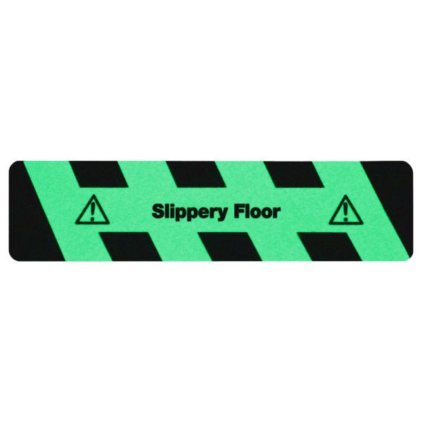 Revêtement antidérapant m2 photoluminescent noir/vert avec bandes texte "Slippery Floor" 150x610mm, M1X1E150610