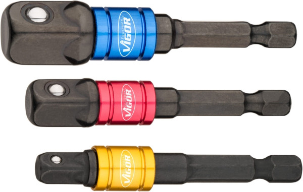 Jeu d'adaptateurs pour clés à douille VIGOR, six pans 6,3 (1/4"), carré 6,3 mm (1/4"), carré 10 mm (3/8"), carré 12,5 mm (1/2"), V7603 /3