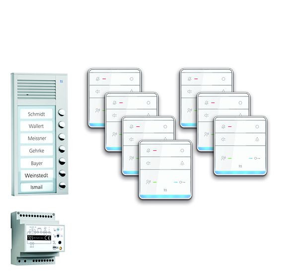 Système de commande de porte audio TCS : pack AP pour 7 unités résidentielles, avec poste extérieur PAK 7 boutons de sonnerie, 7x haut-parleur mains libres ISW5010, unité de contrôle BVS20, PPAF07-EN / 01