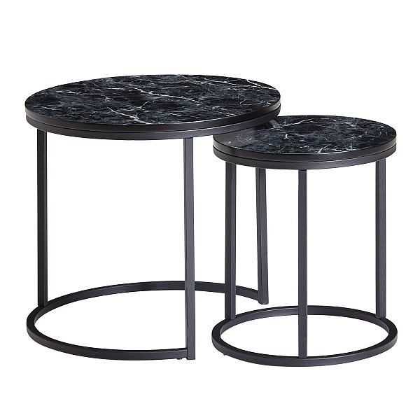 Wohnling Design - Lot de 2 tables d'appoint rondes aspect marbre noir, WL6.251