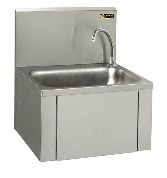 Lave-mains SOFINOR, bac étiré rectangulaire 400 x 250 x 140 mm, avec mélangeur et paroi arrière, sans distributeur de savon, LMASW