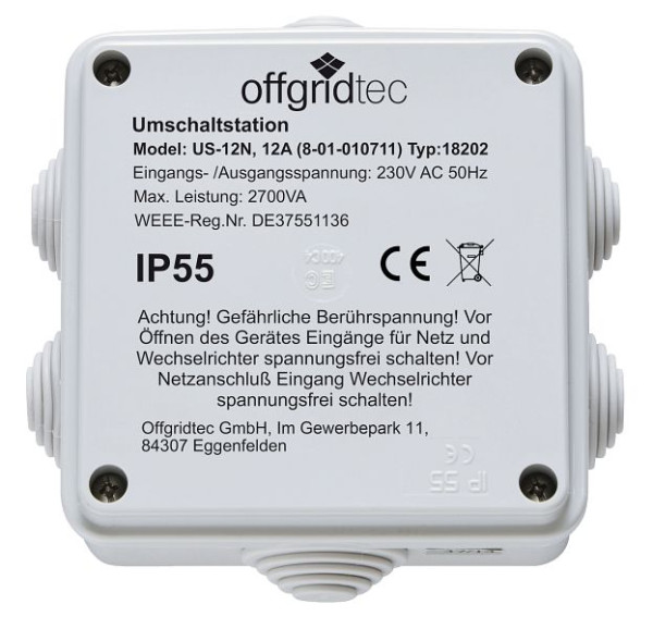Station de commutation Offgridtec pour commutation prioritaire secteur US-12 230V 12A 2700W 230VAC, 8-01-010710