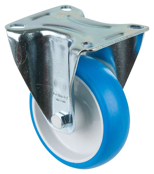 Rouleau de transport BS rollers, rouleau fixe, largeur 30 mm, Ø100 mm, jusqu'à 125 kg, polyuréthane bleu, roulement à rouleaux, plaque, lot de 2, L410.B36.100