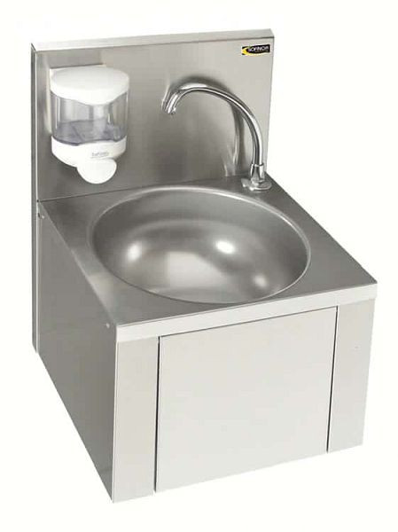 Lave-mains SOFINOR, cuve ronde Ø 305 mm x 150 mm avec paroi arrière, SANS MÉLANGEUR un seul raccordement eau, + distributeur de savon, LMASDD