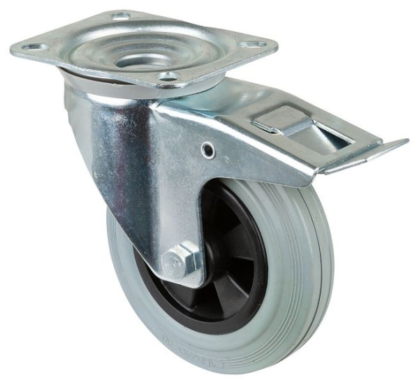 Rouleau de transport BS rollers avec frein, largeur 40 mm, Ø160 mm, jusqu'à 135 kg, bande de roulement en caoutchouc gris, roulement à rouleaux, plaque, lot de 2, L420.B46.160