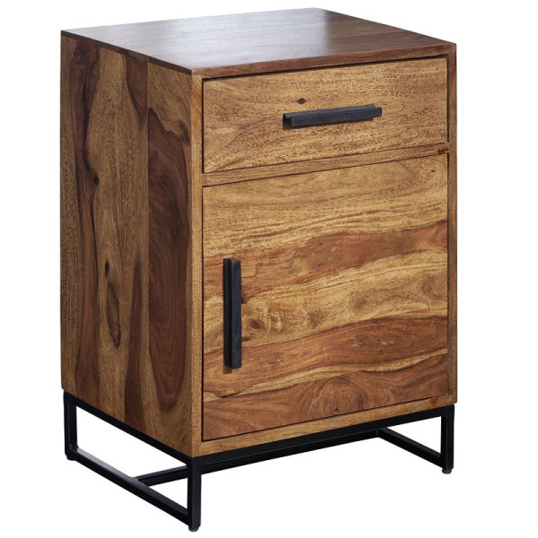 Wohnling table de chevet Sheesham bois massif / métal 45x35x65 cm table de chevet lit à sommier tapissier, console de nuit design avec tiroir et porte, WL6.716