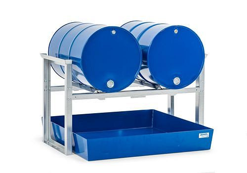 Râtelier à fûts DENIOS pour 2 fûts de 200 litres chacun, avec plateau en acier, 1429 x 1210 x 837 mm, 291-782