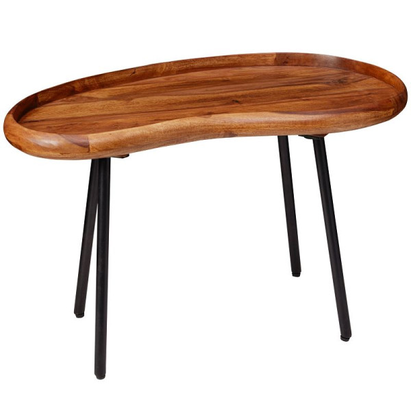 Table basse Wohnling 71x42x40 cm en forme de haricot en sheesham massif avec pieds en métal, WL5.670