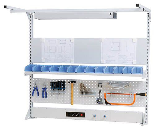 Ligne de travail à structure multi-parois Bedrunka+Hirth avec cadre supérieur, 1x canal d'énergie, 1x paroi perforée, 1x paroi magnétique, 1x étagère, 1500 x 750 x 1250 mm, 03.9001520WL