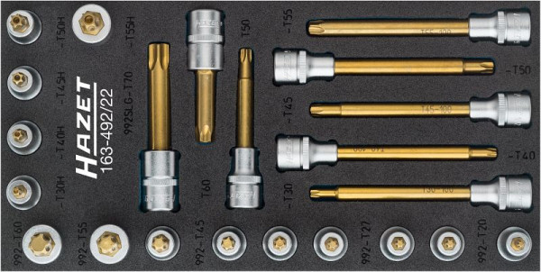 Jeu de douilles tournevis Hazet, TORX®, carré creux 12,5 mm, profil intérieur TORX®, profil TORX® inviolable, T20 - T70, 163-492/22