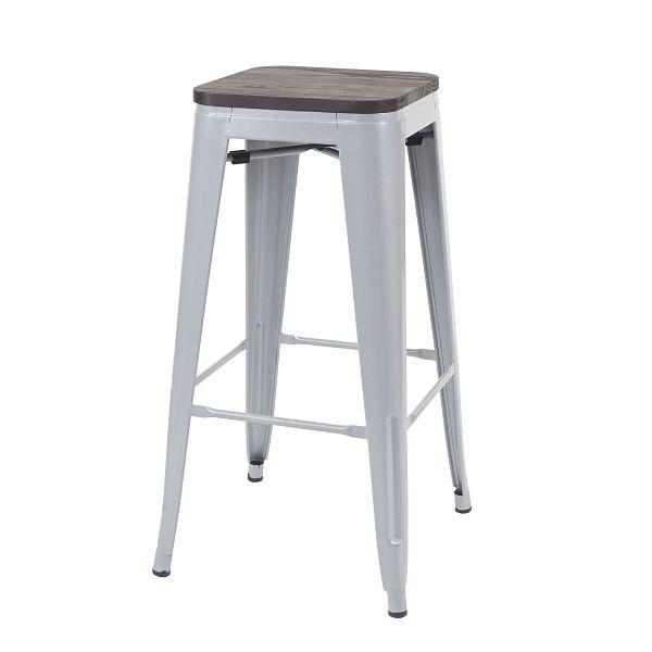 Tabouret de bar Mendler HWC-A73 avec assise en bois, tabouret de bar, design industriel en métal, empilable, gris, 74921