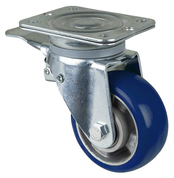 Roulette pivotante pour charges lourdes BS Wheels avec frein, roue en polyuréthane 83 Shore, jante en aluminium, roulement à billes, platine, diamètre : 125 mm, N120.B92.125