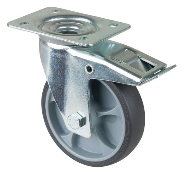 Rouleau de transport BS rollers avec frein, B32 mm, Ø125 mm, jusqu'à 120 kg, pneus thermoplastiques gris, corps en plastique, roulement à rouleaux, plateau, LS420.B44.126
