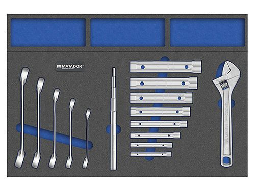 Bedrunka+Hirth insert d'outil, douille de tuyau et jeu de clés à double anneau ouvertes, 15 pièces, dimensions en mm (LxPxH) : 545 x 300 x 25, 08.88.207
