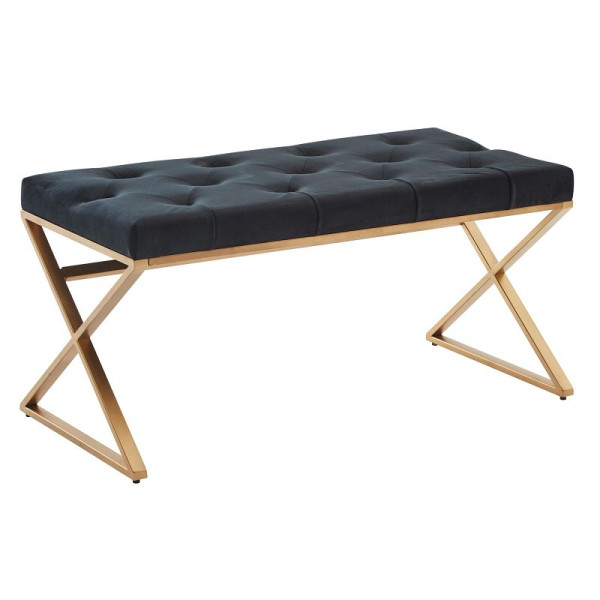 Wohnling Banc en velours noir 90 x 46 x 44 cm, banc de couloir avec structure en métal, banc de lit, chambre à coucher, design Chesterfield, pieds : croisés, WL6.617