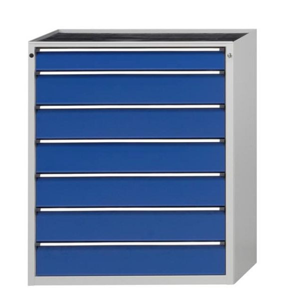 Armoire à outils ANKE; 1065 x 700 x 1320 mm; RAL 7035/5010; Plateau en hêtre massif 40 mm; 7 tiroirs 120, 180, 180, 180, 180, 180, 180 mm, 610.501