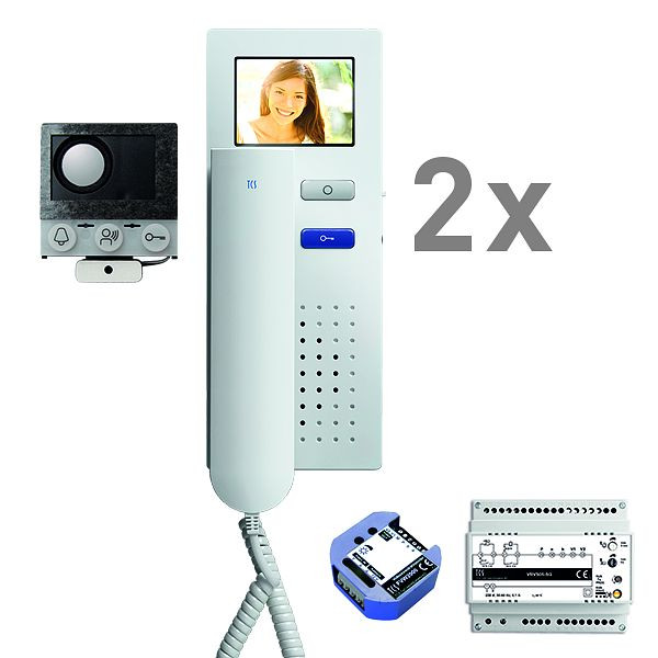 Boîte vocale encastrable vidéo TCS, 2 unités résidentielles, haut-parleur encastrable ASI12000 + 2x interphone IVH3222, appareil de commande + transmetteur vidéo bifilaire, PVIH020/001