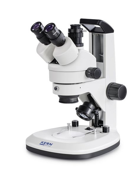 Microscope stéréo zoom KERN Optics, avec poignée, Greenough 0,7 x - 4,5 x, trinoculaire, oculaire HWF 10x / Ø 20mm point oculaire haut, alimentation intégrée, OZL 468