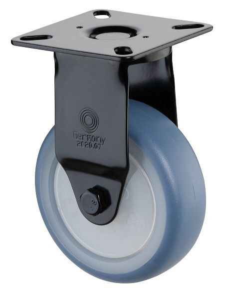 BS wheel roulette fixe noire, roue en caoutchouc thermoplastique bleu clair, jante naturelle, roulement à billes, plaque, diamètre : 75 mm, pack : 4 pièces, A810.A85.075.05