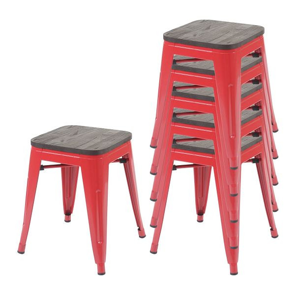 Ensemble de 6 tabourets Mendler HWC-A73 avec assise en bois, tabouret en métal, design industriel en métal, empilable, rouge, 70400+70774