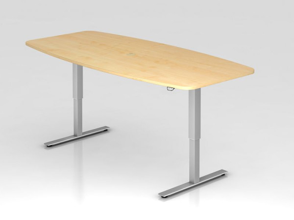 Table de conférence Hammerbacher avec interrupteur à bouton-poussoir, érable, en forme de tonneau, avec 1 sortie de câble 8 cm, VXMST22/3/S