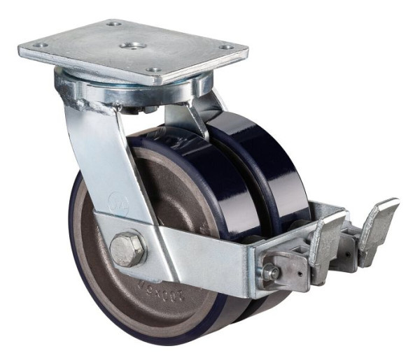 Roulettes BS Roulette double robuste avec roue/blocage, B2x40 mm, Ø100 mm, jusqu'à 580 kg, polyuréthane coulé 78 Shore A, corps coulé, roulement à billes, S120.C11.100