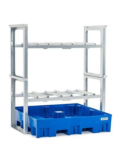 Râtelier à fûts DENIOS pour 6 fûts de 60 litres chacun, avec plateau en plastique, 1429 x 1235 x 1637 mm, 291-788
