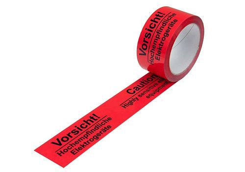 Ruban adhésif d'avertissement DENIOS, PP, impression Appareils électriques très sensibles, en rouge signal, 50 mm de large x 66 m, paquet : 12 rouleaux, 299571