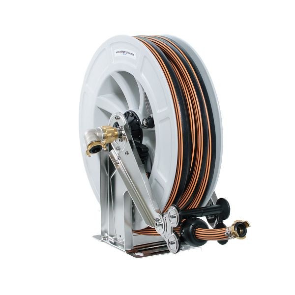 Enrouleur de tuyau Ebinger OSK 500 avec boîtier en plastique ABS, cadre et axe en acier inoxydable, fluide : eau chaude, tuyau de 15 m, ID : 3/4", 3.504.135