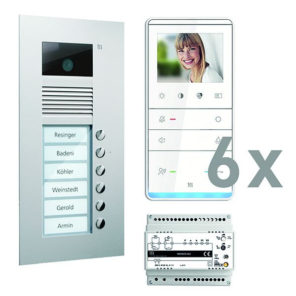 Vidéo du système de commande de porte TCS : pack UP pour 6 unités d'habitation, avec platine de rue AVU 6 boutons de sonnerie, 6x haut-parleur mains libres vidéo IVW5111, commande, PVU17060-0010