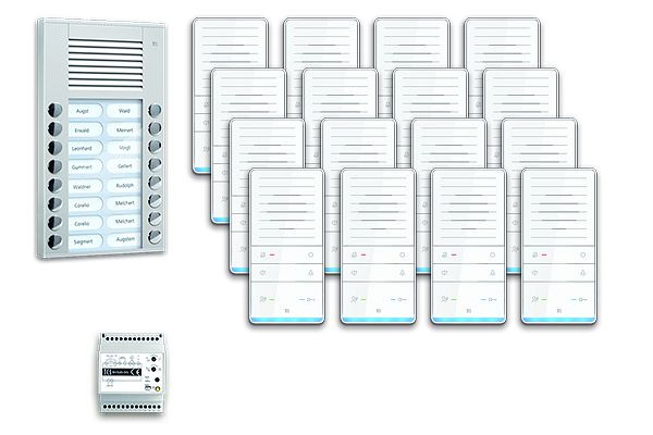 Système de commande de porte audio TCS : pack AP pour 16 unités résidentielles, avec poste extérieur PES 16 boutons de sonnerie, 16x haut-parleur mains libres ISW5031, unité de contrôle BVS20, PAAF162 / 001