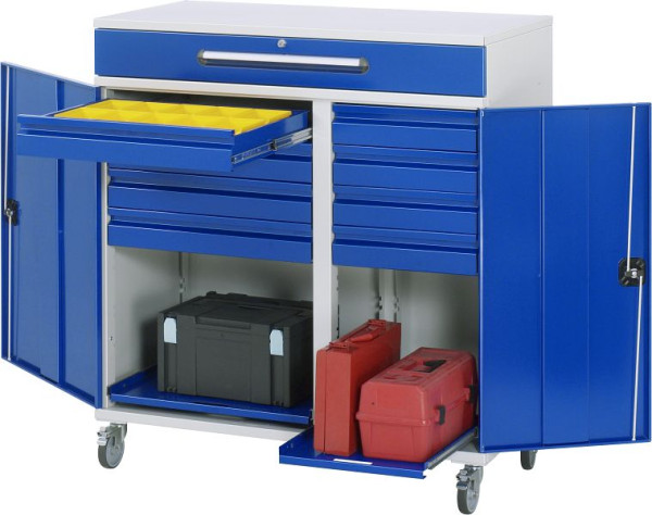 Bureau debout avec armoire latérale RAU - modèle 33, L1100xP520xH1185mm, avec jeu de roulettes, support central pour diviser la largeur d'installation, 07-1100T-M33F.11